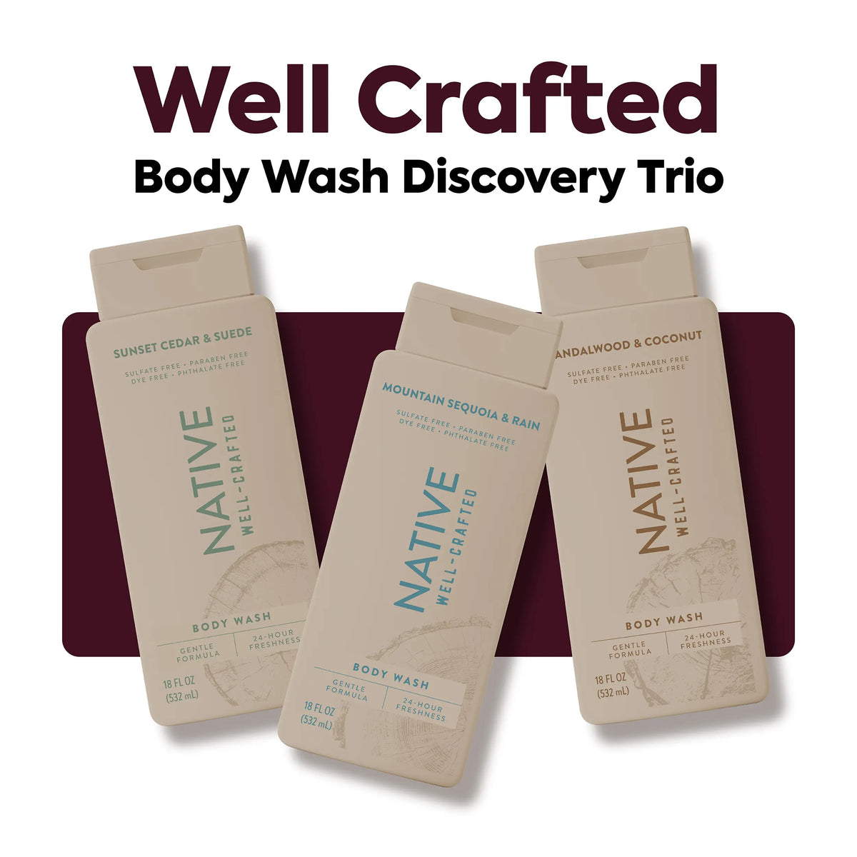 NATIVE Body Wash Discovery Trio – 3-Pack, 18 Oz, Rich Lather, Gentle Cleanse, 24HR Freshness
