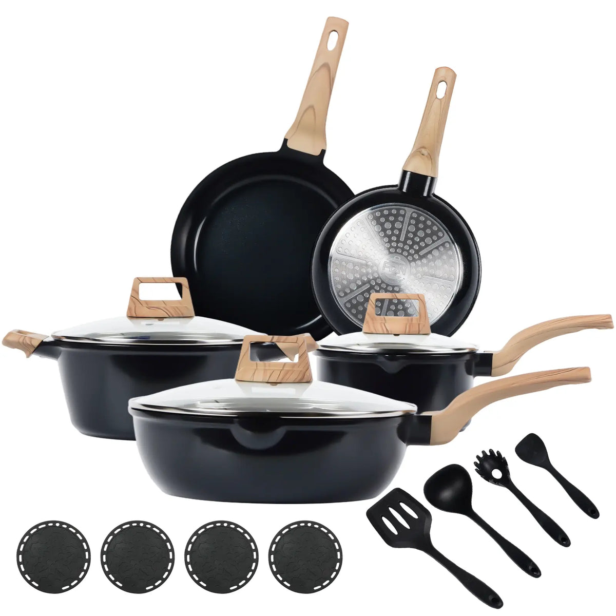 FDN 16-Piece Aesthetic Ceramic Cookware Set – Non-Toxic Pots & Pans with Utensils & Glass Lids