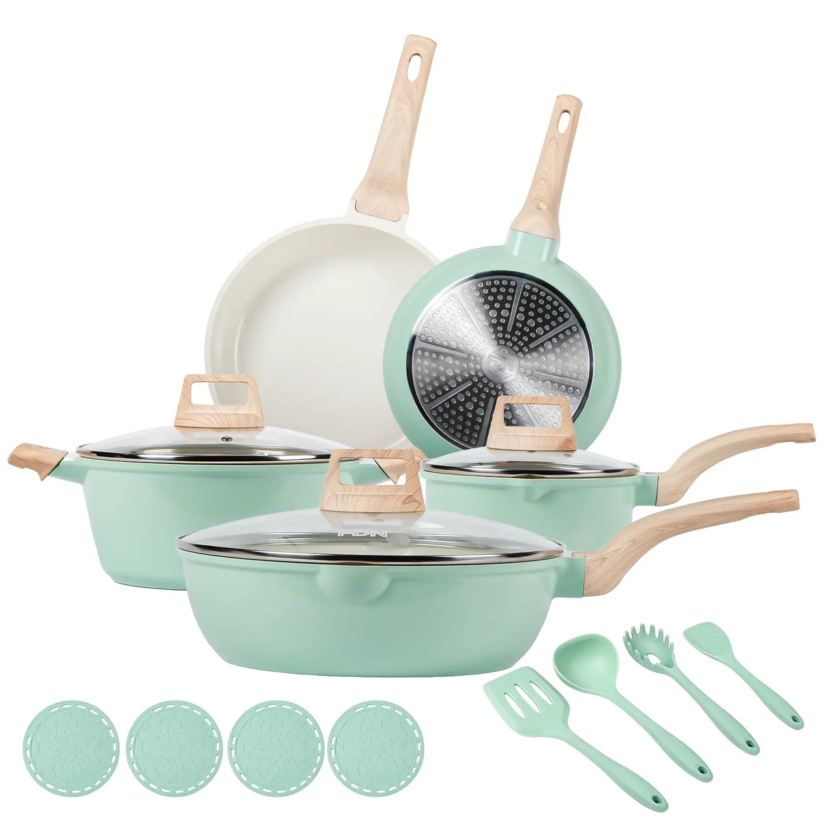 FDN 16-Piece Aesthetic Ceramic Cookware Set – Non-Toxic Pots & Pans with Utensils & Glass Lids