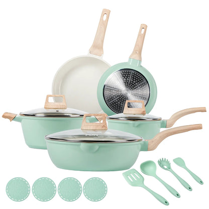 FDN 16-Piece Aesthetic Ceramic Cookware Set – Non-Toxic Pots & Pans with Utensils & Glass Lids
