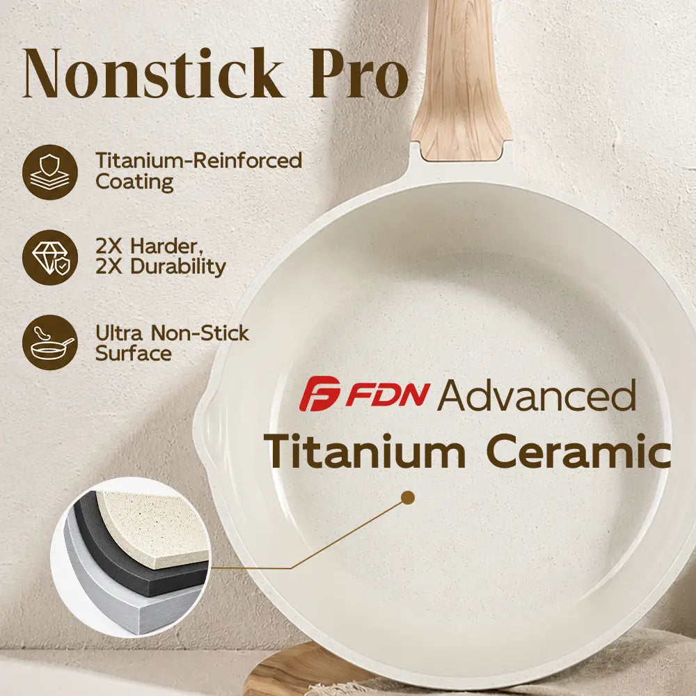 FDN 16-Piece Aesthetic Ceramic Cookware Set – Non-Toxic Pots & Pans with Utensils & Glass Lids