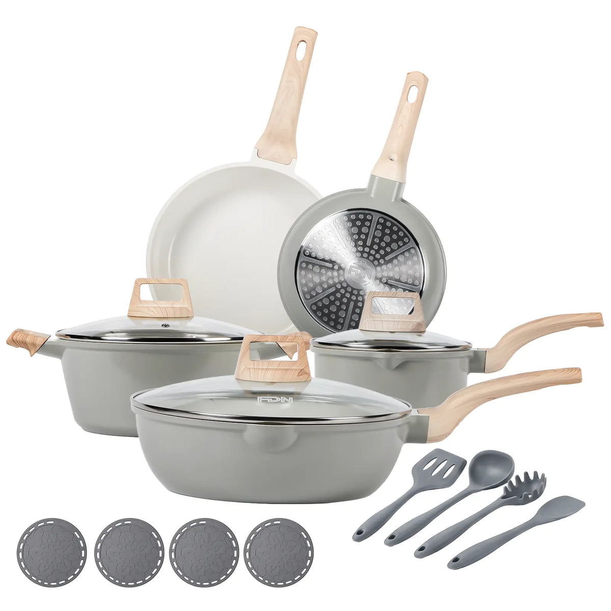 FDN 16-Piece Aesthetic Ceramic Cookware Set – Non-Toxic Pots & Pans with Utensils & Glass Lids