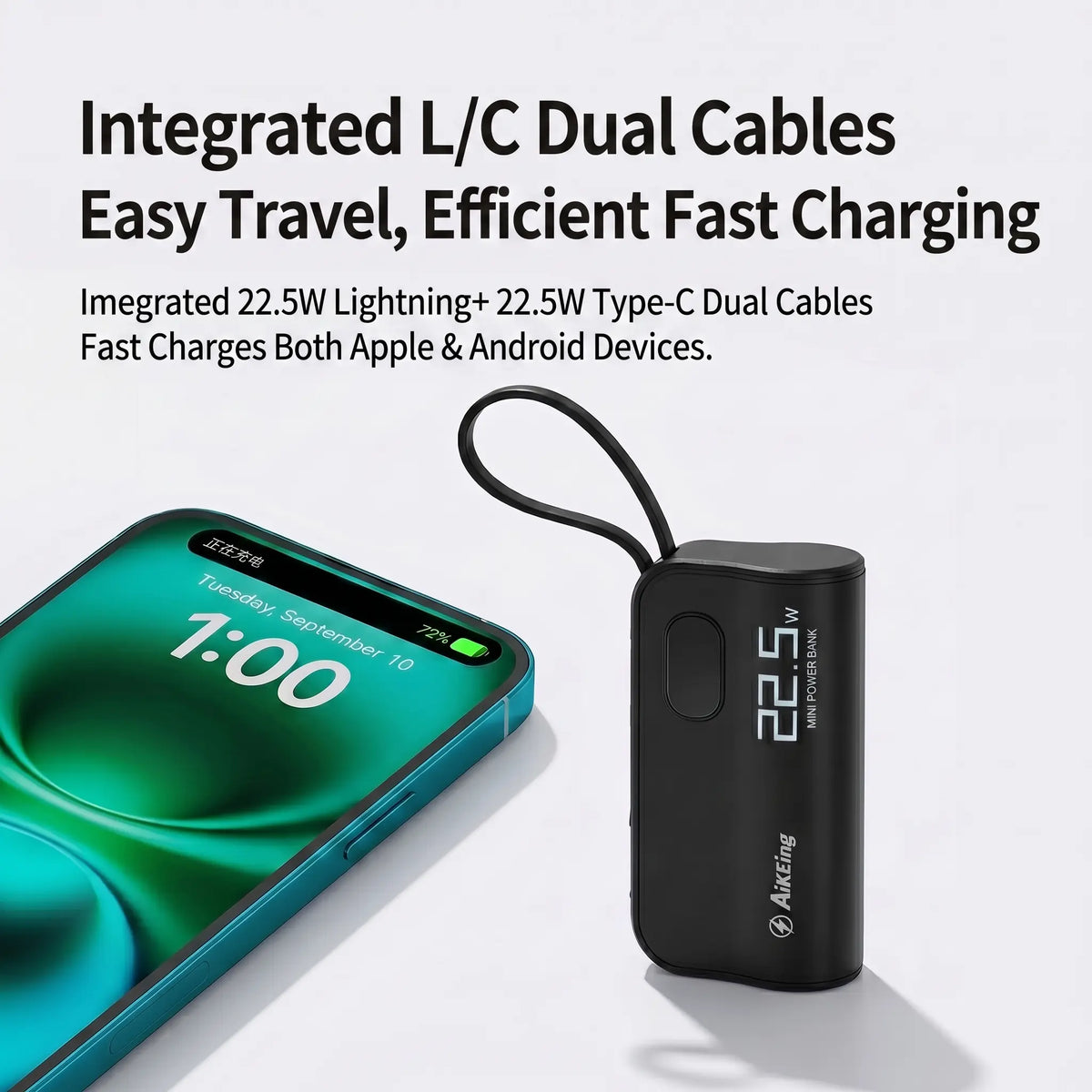 Aikeing 5000mAh Portable Power Bank – 22.5W Fast Charging, USB-C & Digital Display