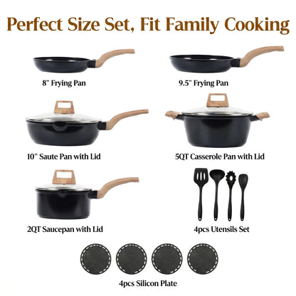 FDN 16-Piece Aesthetic Ceramic Cookware Set – Non-Toxic Pots & Pans with Utensils & Glass Lids