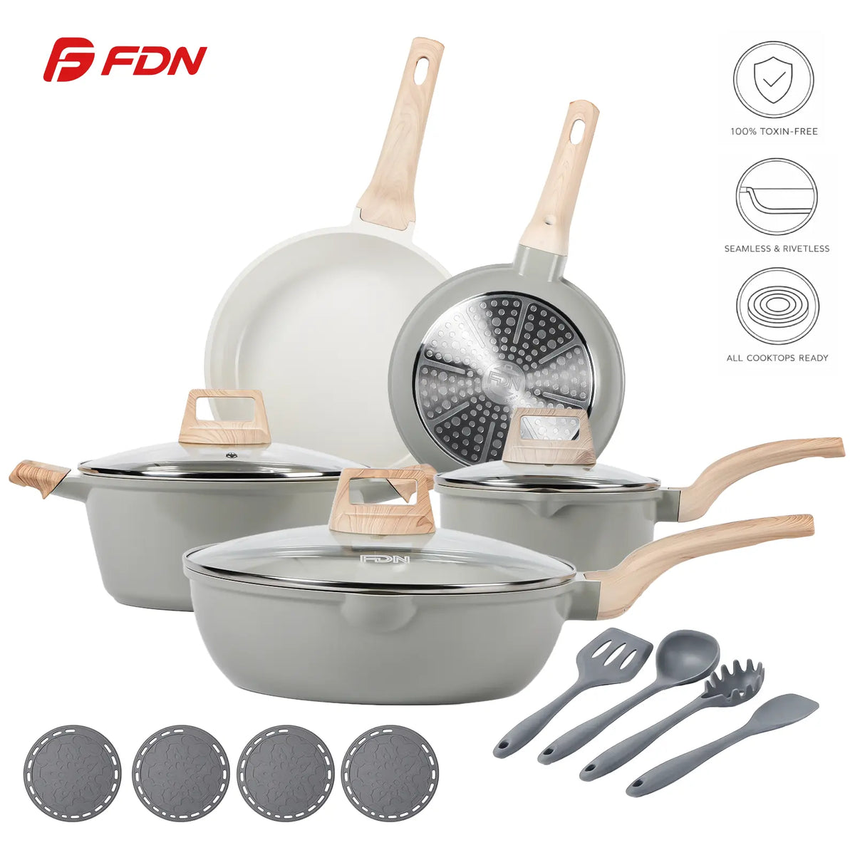 FDN 16-Piece Aesthetic Ceramic Cookware Set – Non-Toxic Pots & Pans with Utensils & Glass Lids