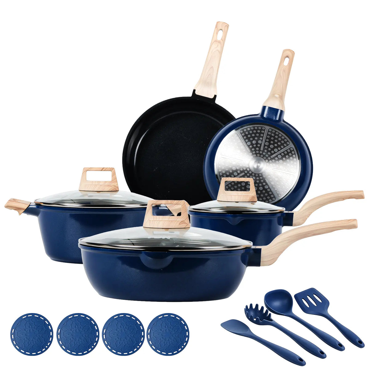 FDN 16-Piece Aesthetic Ceramic Cookware Set – Non-Toxic Pots & Pans with Utensils & Glass Lids