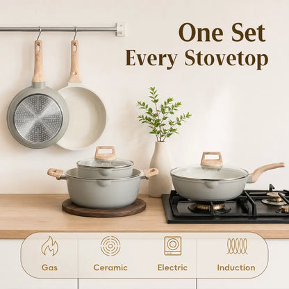 FDN 16-Piece Aesthetic Ceramic Cookware Set – Non-Toxic Pots & Pans with Utensils & Glass Lids